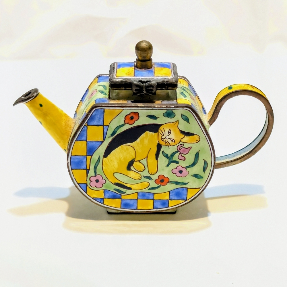 Vintage Numbered Kelvin Chen Cat Enamel Miniature Tea Pot